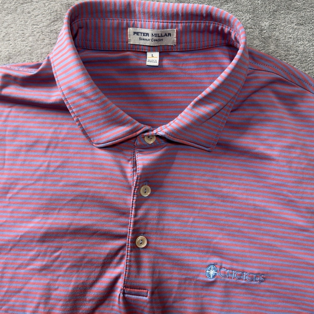 Peter Millar Polo Shirt Mens Large Summer Comfort Pink Blue Golf Striped Stretch